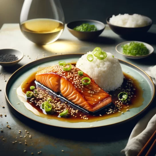 A gourmet plate featuring seared salmon with a wasabi-soy glaze, served with steamed rice, garnished with spring onions and sesame seeds.