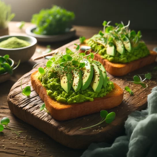 Wasabi Avocado Toast on a rustic wooden table, featuring golden-brown toast topped with green avocado-wasabi spread, garnished with sesame seeds and microgreens under soft morning light.