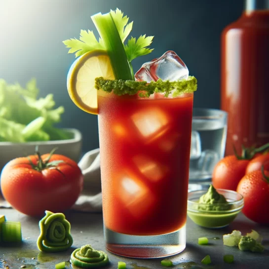 Wasabi Bloody Mary cocktail, featuring a tall glass with red tomato-based drink, garnished with celery and lemon, surrounded by fresh ingredients and natural light.
