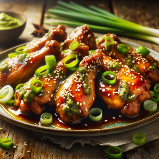 A plate of golden brown, crispy chicken wings coated in a vibrant green, sticky wasabi glaze, sprinkled with white sesame seeds and bright green sliced spring onions, presented on a rustic wooden table, evoking warmth and culinary delight.