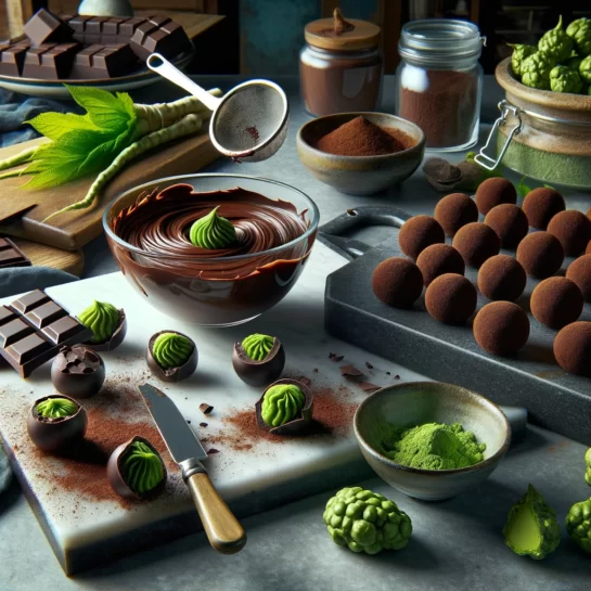 A kitchen scene showcasing the making of wasabi chocolate truffles with dark chocolate ganache, wasabi paste, and truffles dusted with cocoa powder on a marble countertop, hinting at a fusion of culinary traditions.