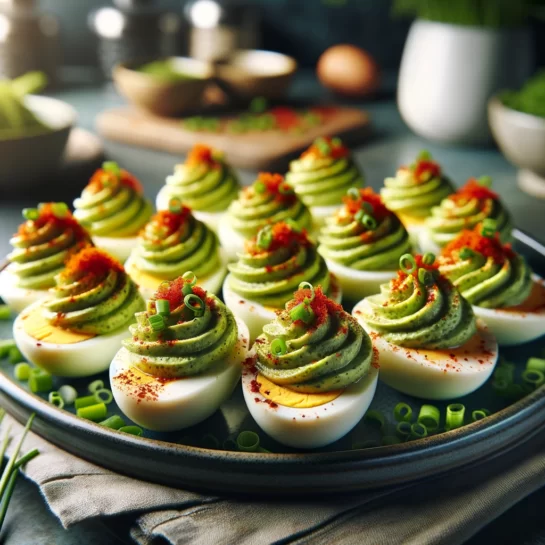 "Devilled Eggs with a Twist: Elegant Wasabi Infusion Elevates the Classic Appetiser, Showcased on a Chic Platter for the Ultimate Gourmet Experience