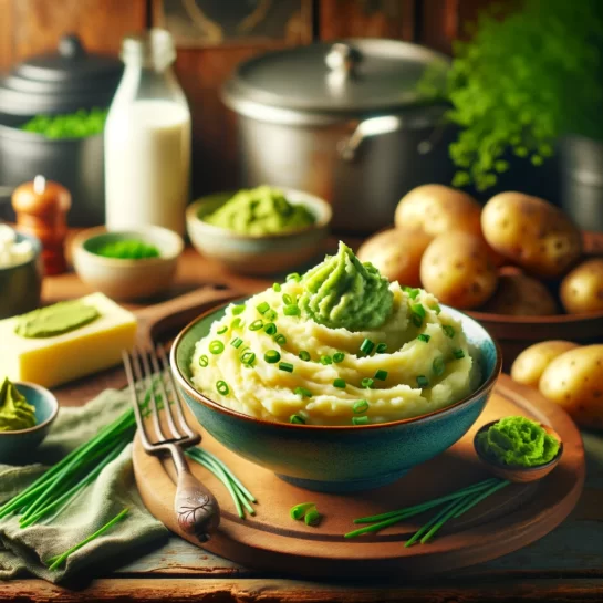 A serving bowl filled with creamy wasabi mashed potatoes garnished with fresh chives, placed on a rustic wooden table.