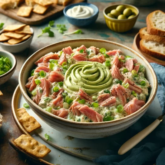 A vibrant image of Wasabi Tuna Salad in a bowl, flanked by crusty bread and crackers on a rustic wooden table, embodying a fresh and spicy meal.