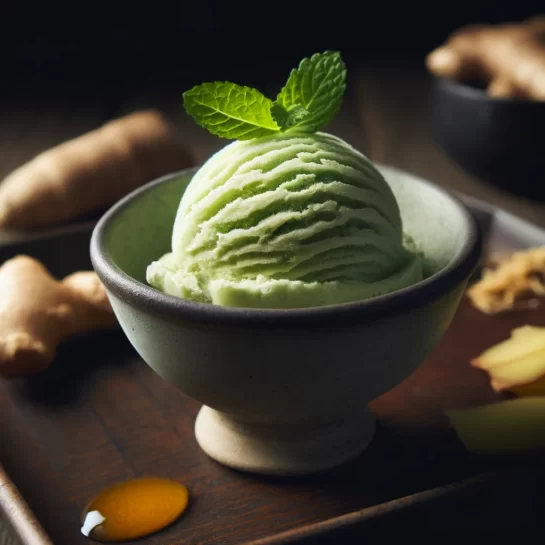 Elegant presentation of wasabi and ginger ice cream in a dessert bowl, garnished with mint and honey, surrounded by slices of ginger and wasabi.