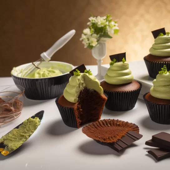 Wasabi Chocolate Cupcakes with creamy green-tinged frosting, alongside decorative elements like a bowl of wasabi paste and chocolate shavings.